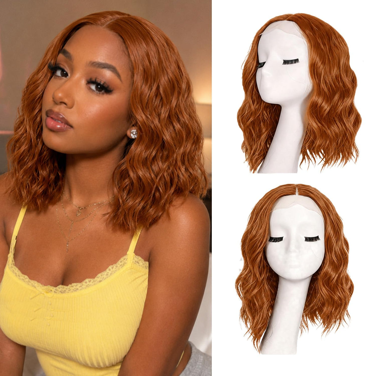 Short Wavy Wig with Bangs Black Mixed Brown Bob Curly Wigs for Women 14inch