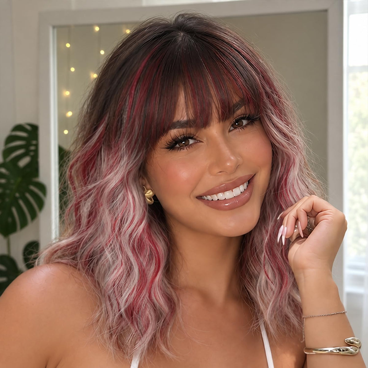 Nnzes Short Wavy Bob Wig with Bangs for Women Shoulder Length Curly Dark Brown with Purple Synthetic Heat-Resistant Fiber Hair for Daily & Party Use