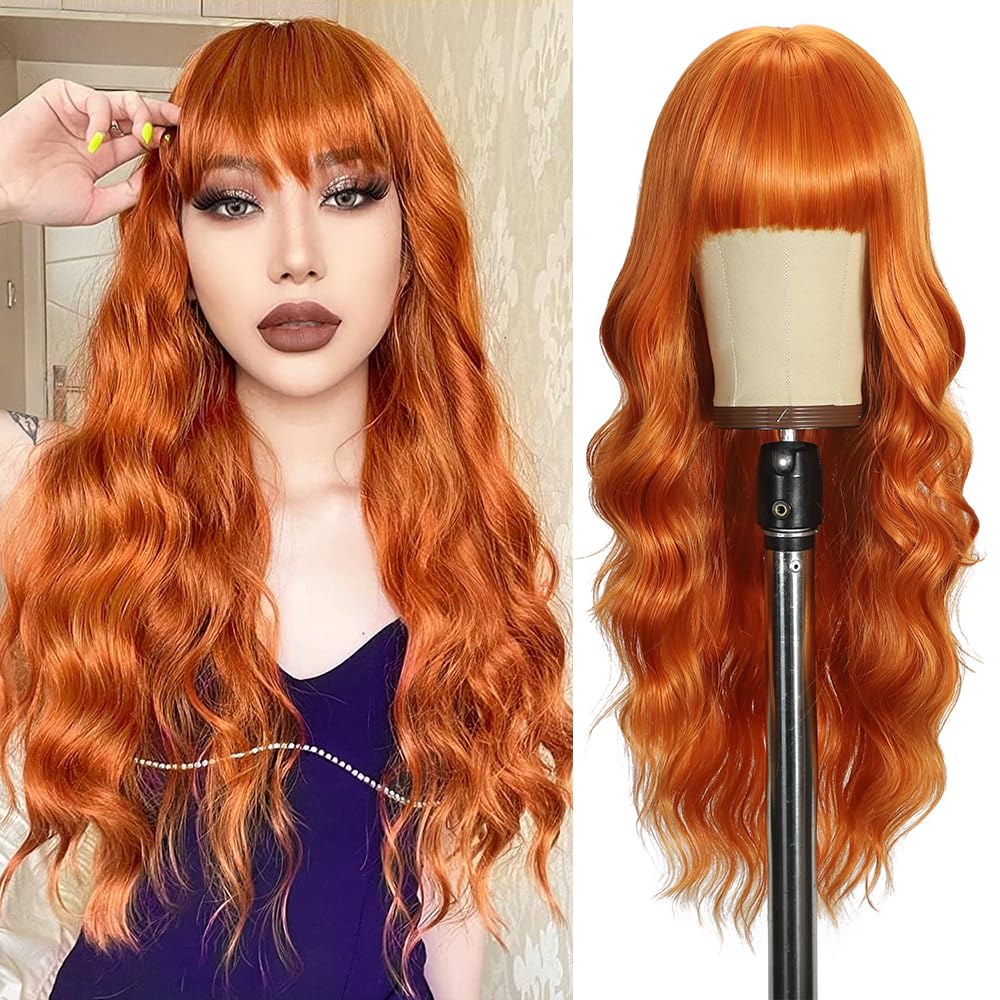 Black Wig with Bangs Long curly wavy Wigs for Women26In Synthetic Black Wig