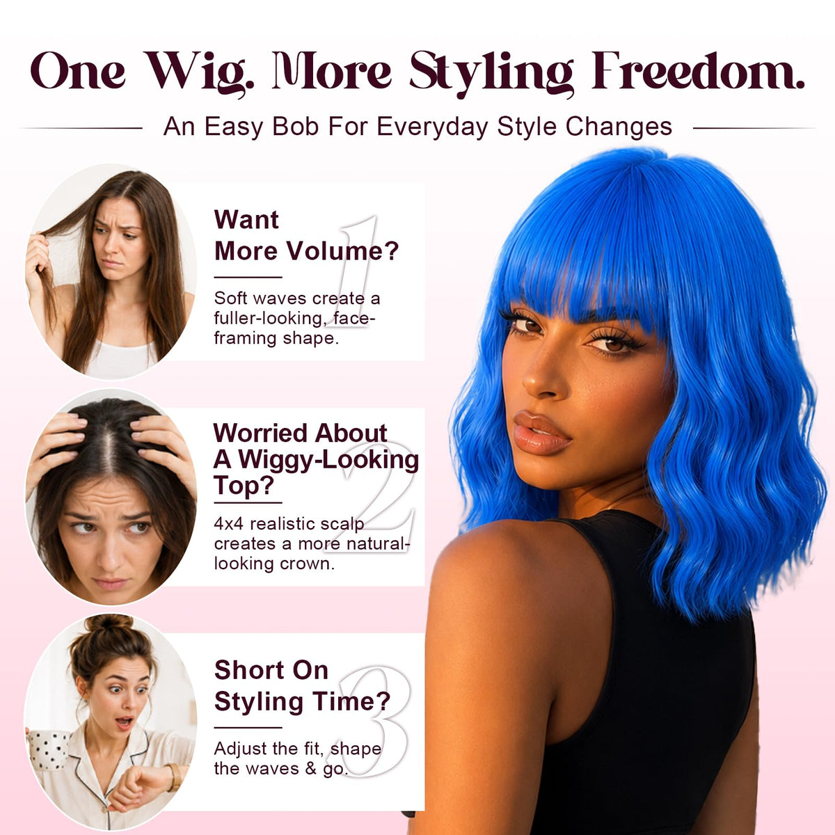 NOSTALGIA Wigs for Women, Short Wavy Bob Wig with Bangs, Trimmable Bangs, Shoulder Length, Black To Brown Heat Resistant Synthetic Wig for Daily Party Use, 14 Inch