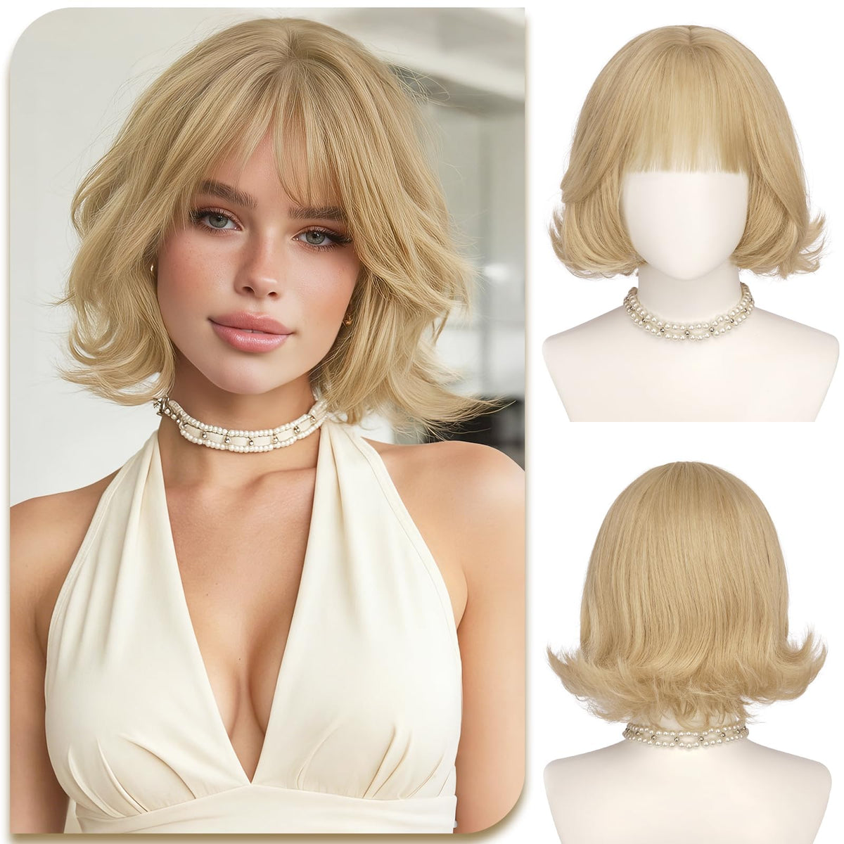 SOFEIYAN Short Wavy Violet Blue Wig - 12 Inch Dark Ginger Bob Wig with Bangs for Women Curly Shoulder Length Bob Wig with Bangs Soft Synthetic Hair Wigs for Girls Daily Party Use