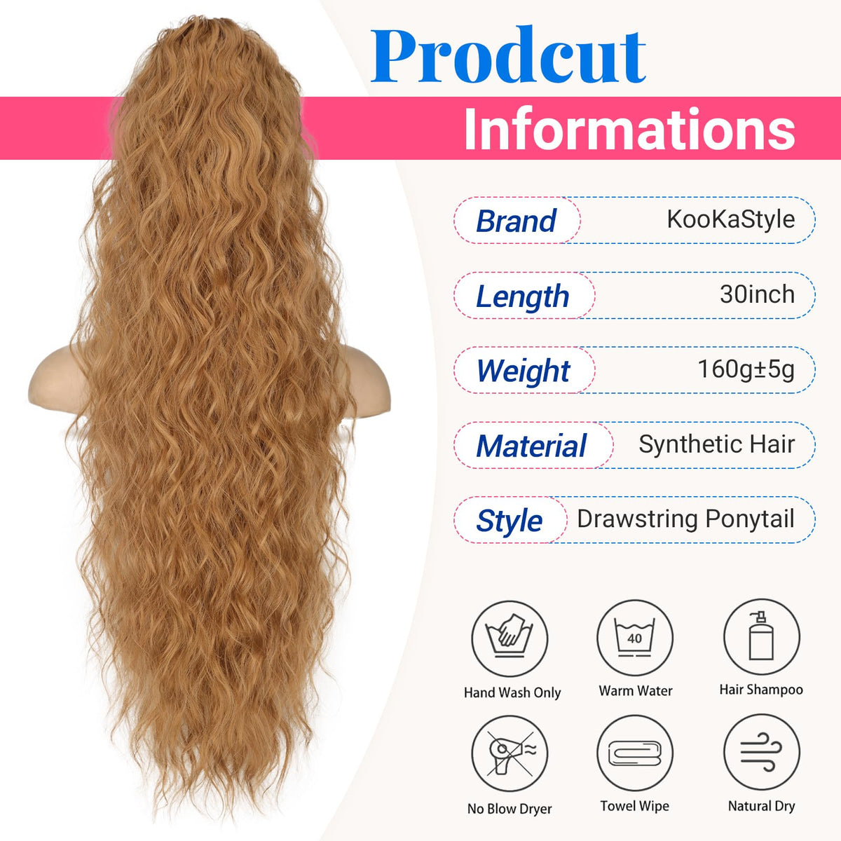 KooKaStyle Long Medium Brown Curly Synthetic Drawstring Ponytail Extension