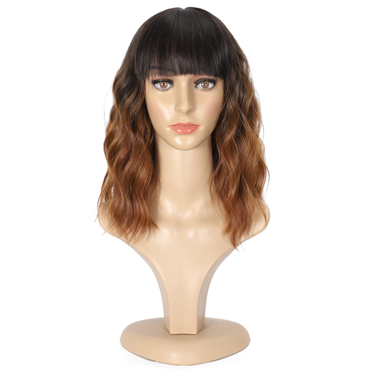 Black Mixed Brown Wig for Black Women Short Wavy Curly Bob Wig with Bangs