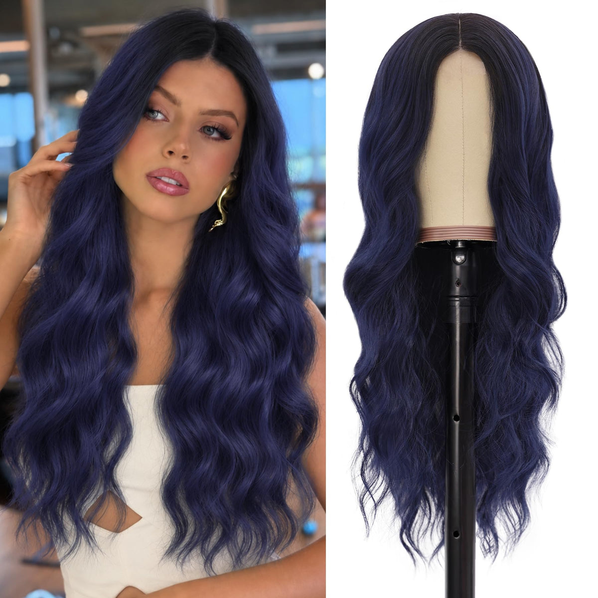 NAYOO Ice Blue Wig for Women, 26 Inch Middle Part Wavy Synthetic Wig