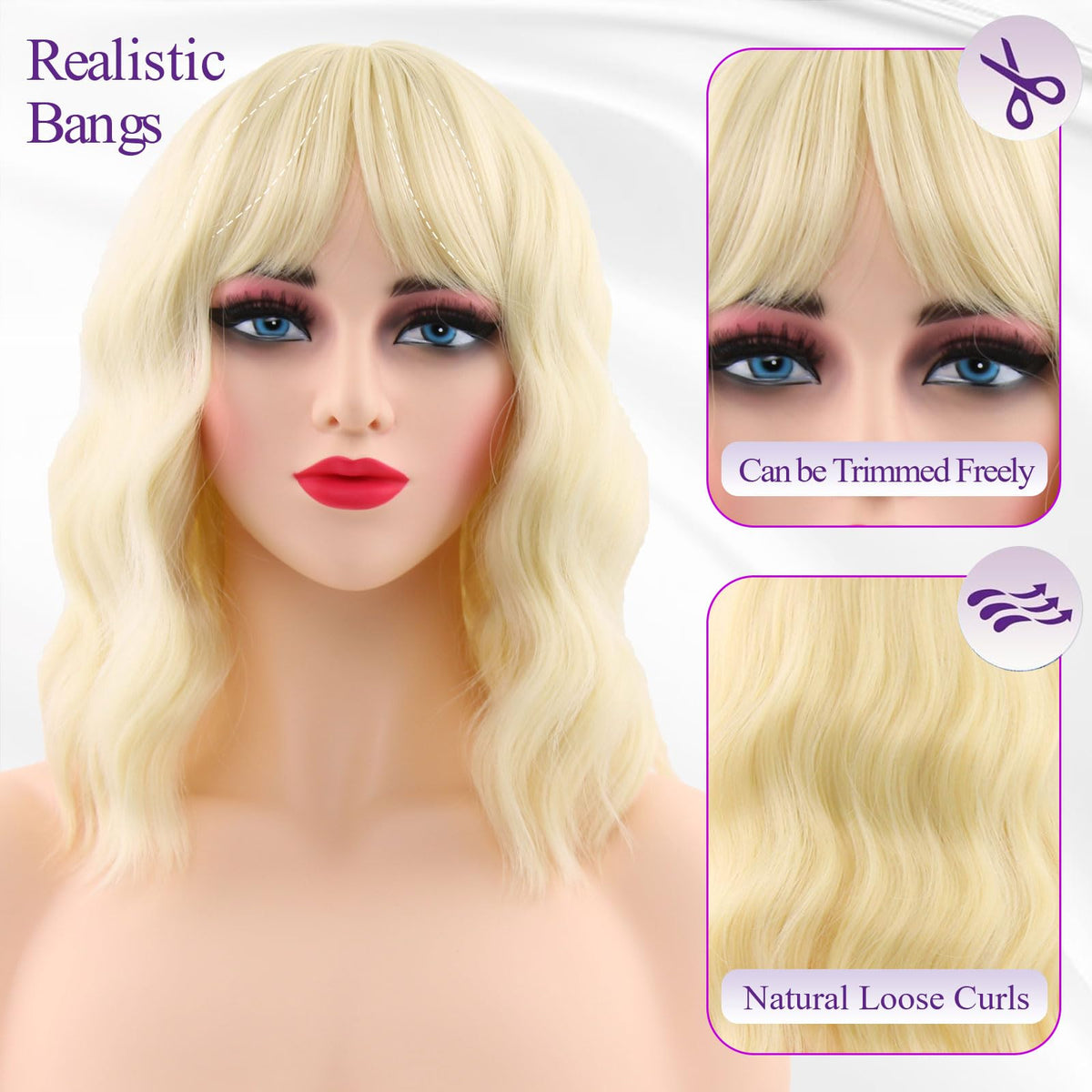 Dark Purple Wigs with Bangs for Women 14 Inch Short Wavy Bob Wigs Synthetic Bob Wig Curly Wig Heat Resistant Colorful Wavy Wig Cosplay Wigs For Daily Party Halloween