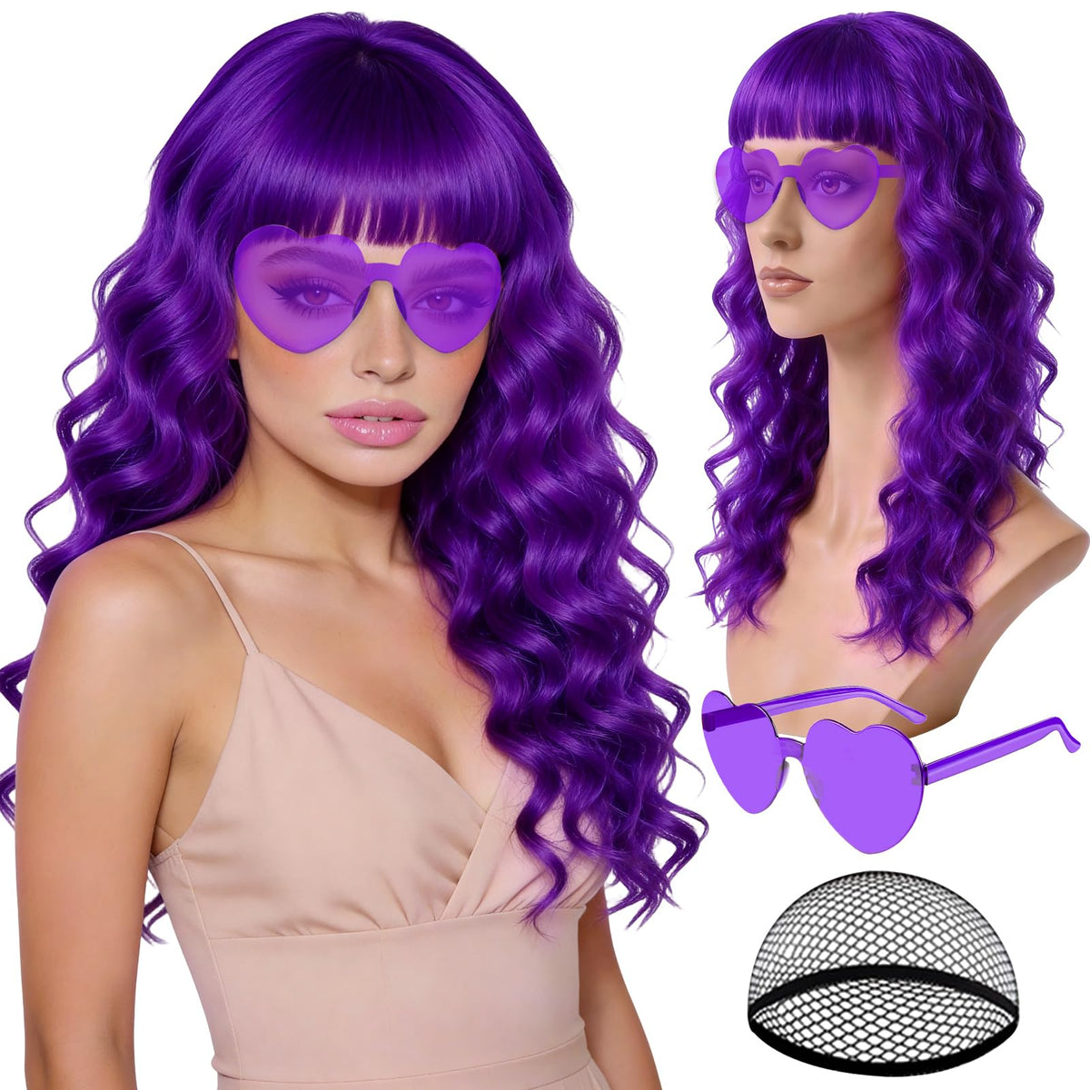 Purple Wig for Women Long Wavy Hair with Heart Sunglasses, Colorful Curly Wigs with Bangs for Birthday Nightclubs Music Festival Photography Funny Bachelorette Mardi Gras Party Supplies