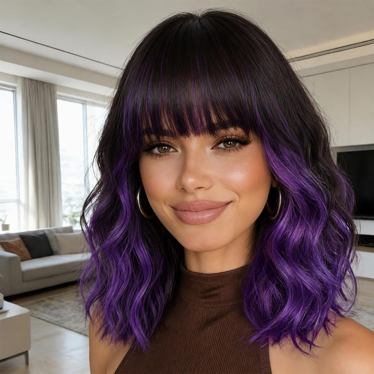 Nnzes Short Wavy Bob Wig with Bangs for Women Shoulder Length Curly Dark Brown with Purple Synthetic Heat-Resistant Fiber Hair for Daily & Party Use