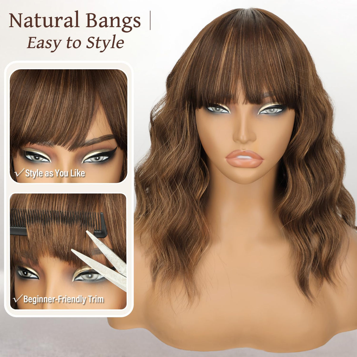 Nnzes Short Wavy Bob Wig with Bangs for Women Shoulder Length Curly Dark Brown with Purple Synthetic Heat-Resistant Fiber Hair for Daily & Party Use
