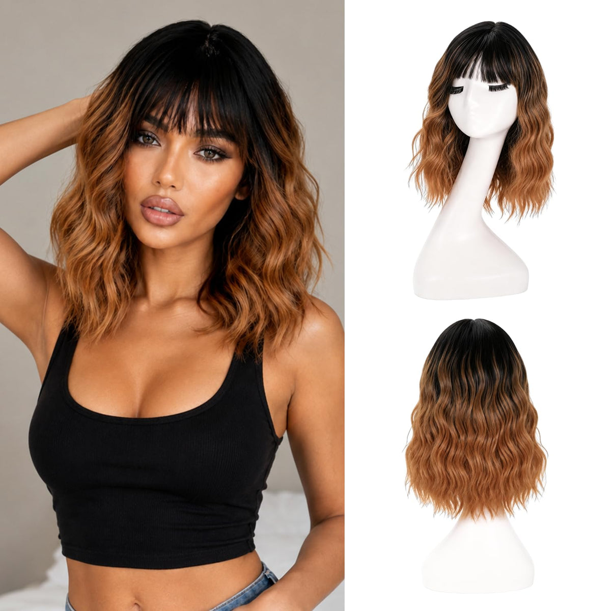 Short Wavy Wig with Bangs Black Mixed Brown Bob Curly Wigs for Women 14inch