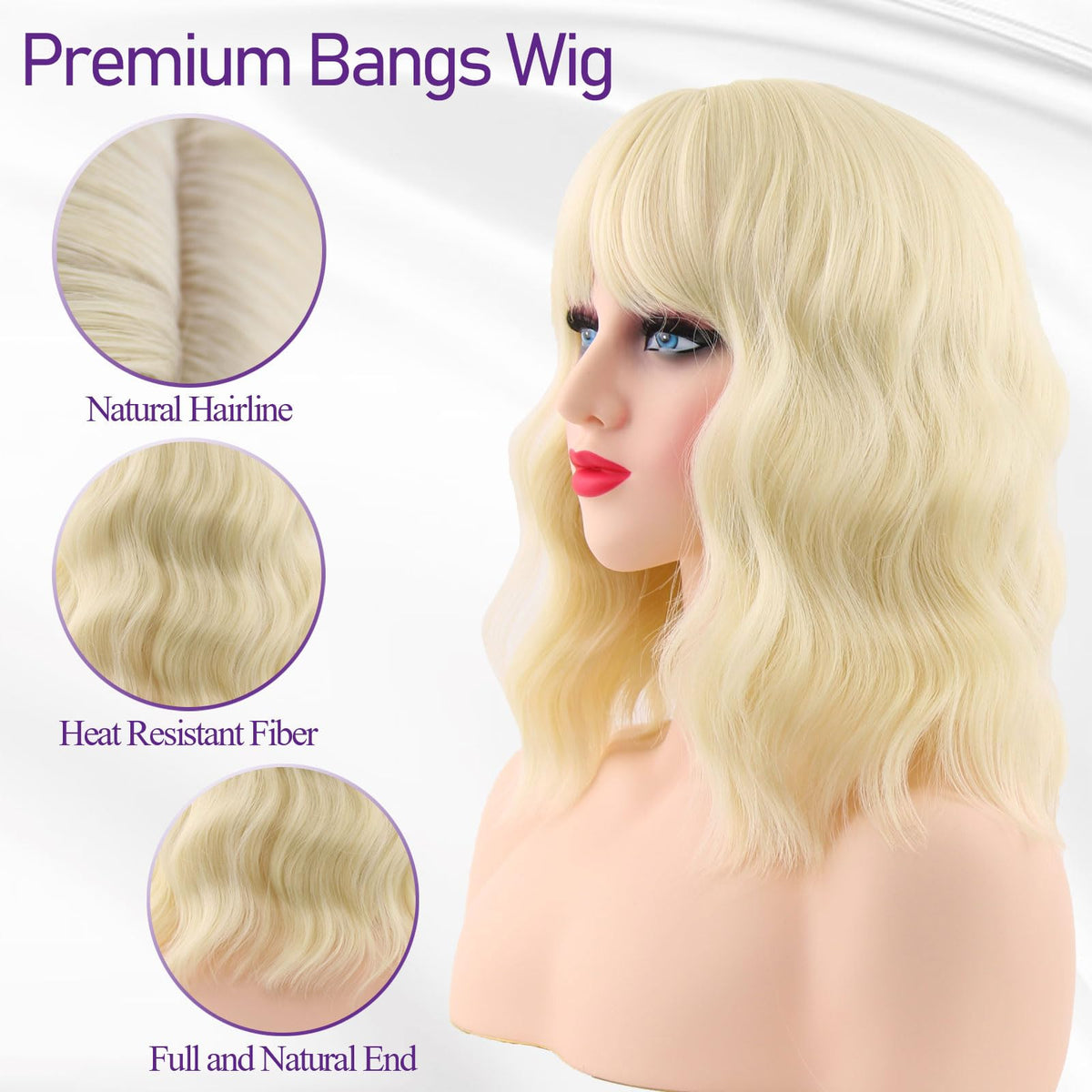 Dark Purple Wigs with Bangs for Women 14 Inch Short Wavy Bob Wigs Synthetic Bob Wig Curly Wig Heat Resistant Colorful Wavy Wig Cosplay Wigs For Daily Party Halloween
