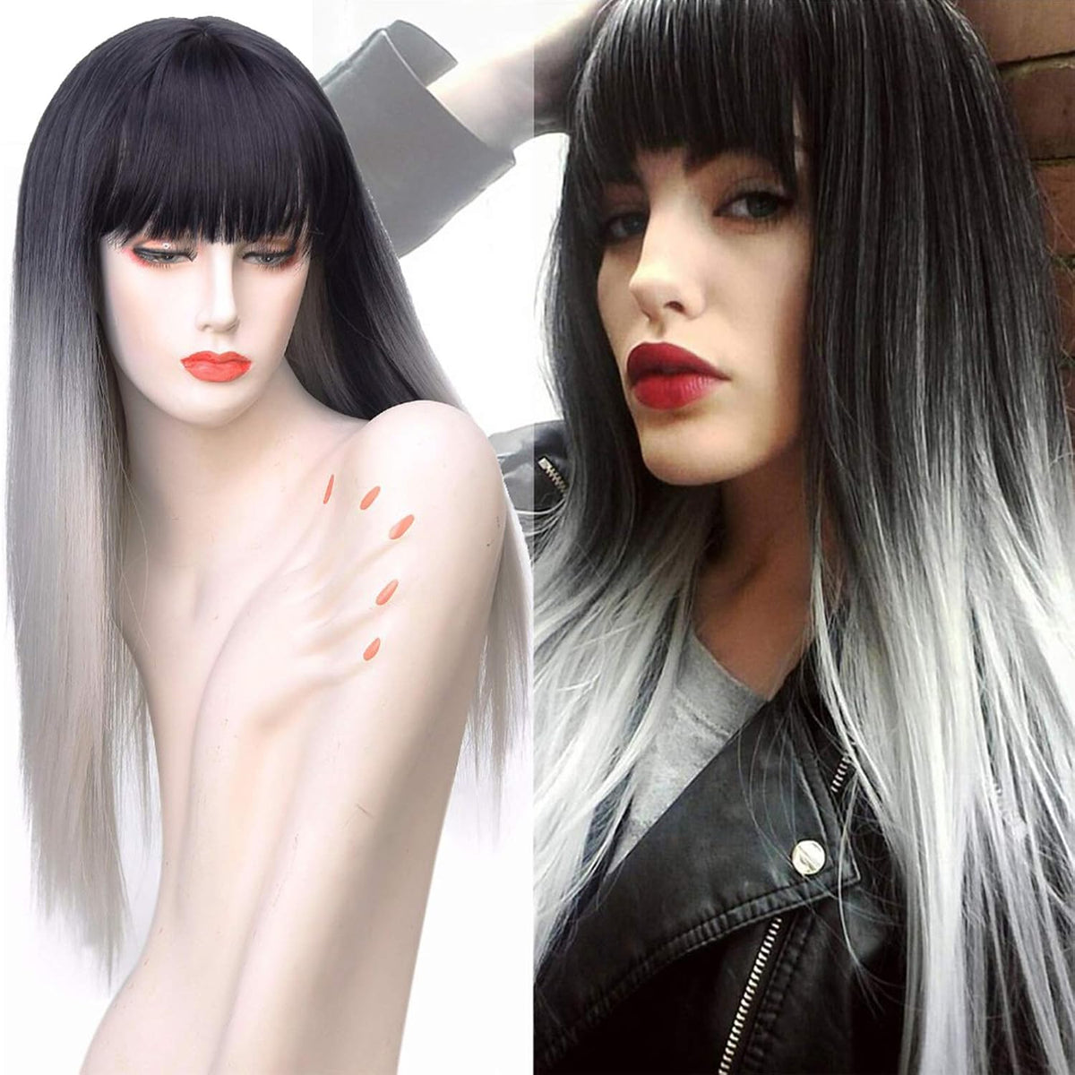 BEkjdiof Wig with Bangs Long Straight Gray Wigs for Women Halloween Wig