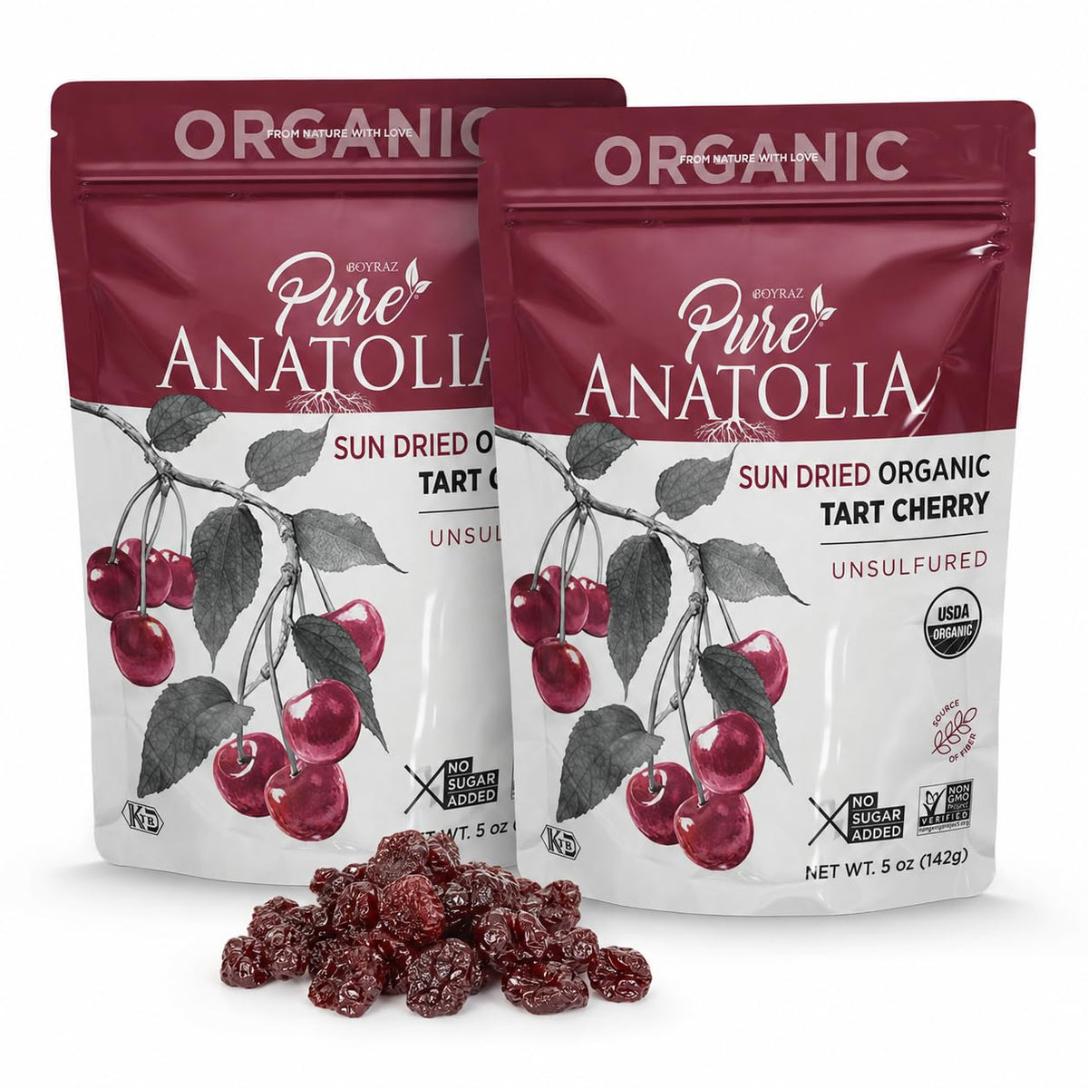 Pure Anatolia Organic Dried Tart Cherries, Soft, Unsulfured, 2-Pack, 5 Oz