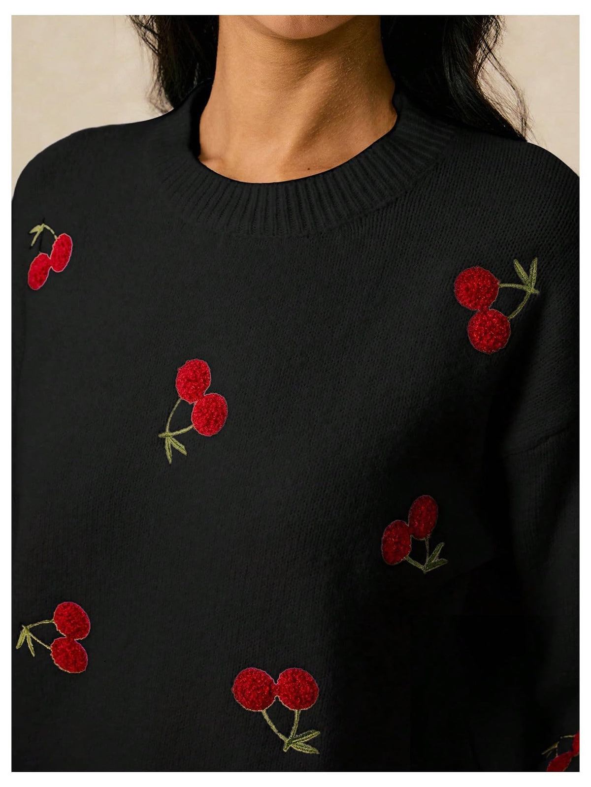 MakeMeChic Women's Cherry Embroidery Sweater Pullovers