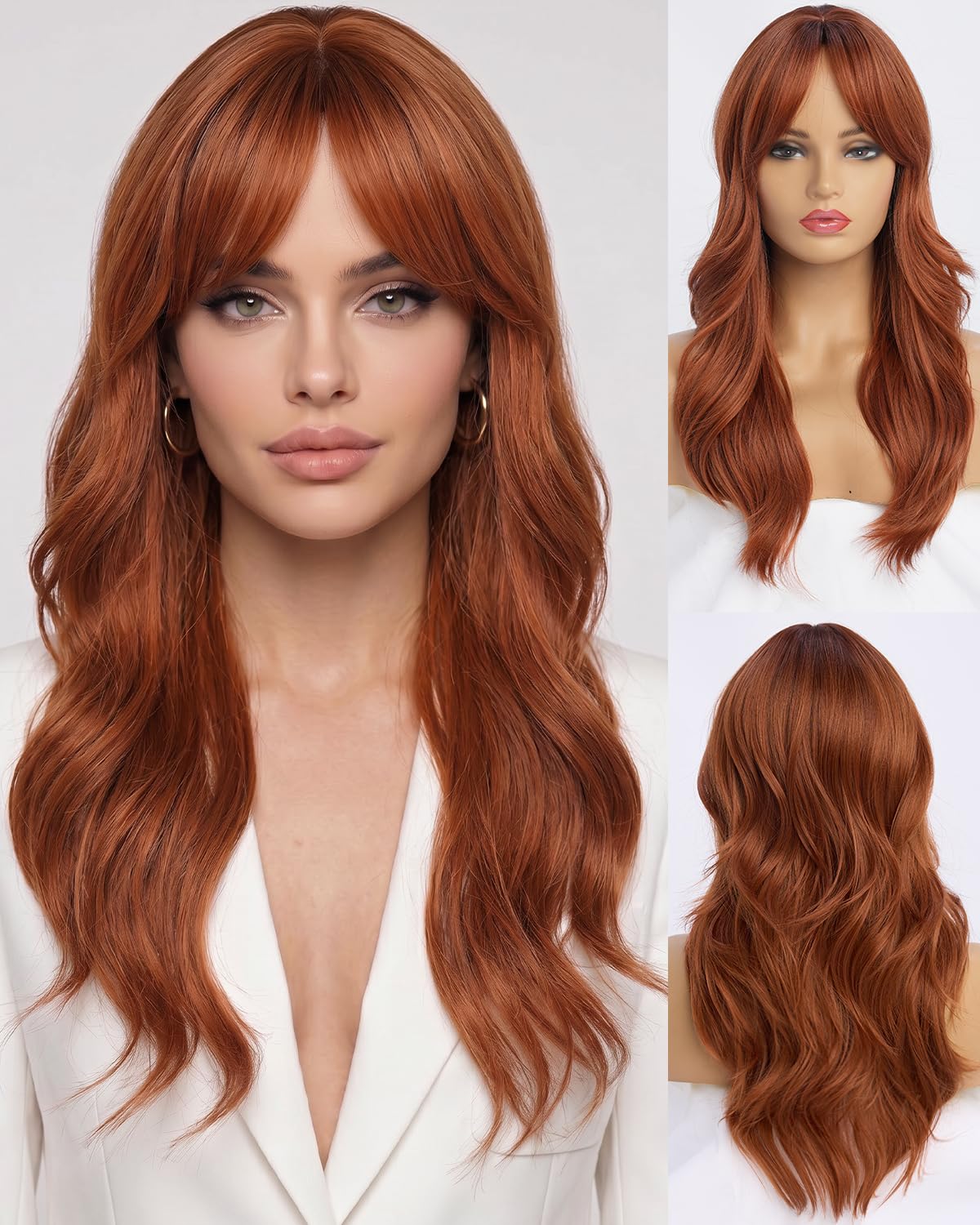 Ombre Pink Wavy Wig with Curtain Bangs 26 Inch – Long Layered Synthetic Hair Wig for Women, Natural Looking Dark Root Heat Resistant Wig, Soft Thick Full Wig for Daily Wear Party Cosplay