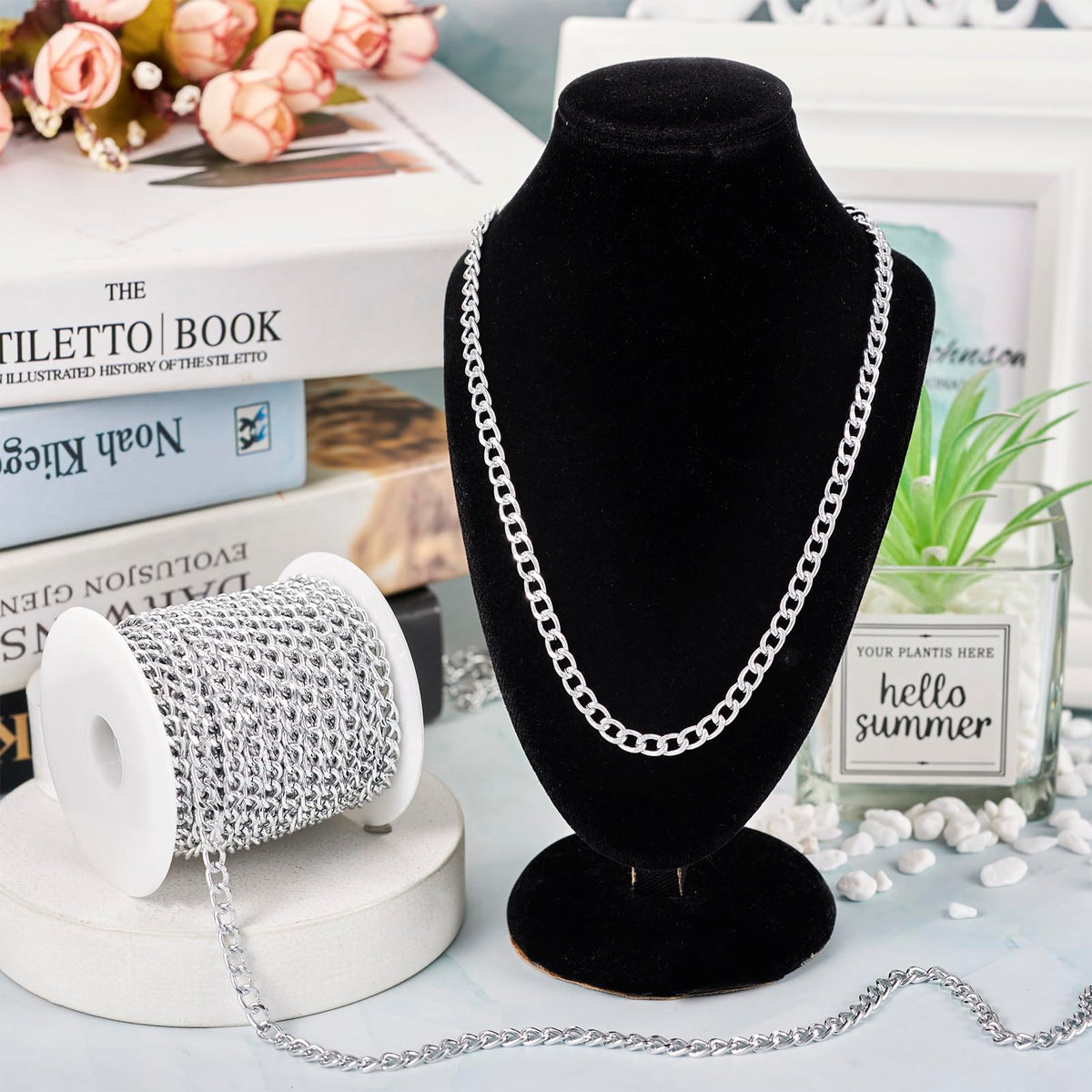 Beadthoven 16.4ft Aluminum Curb Chains, Silver Color Chains for Jewelry Making 5mm Wide Metal Craft Chain Link Spool Twisted Links Oval Curb Chains Unwelded for Clothes Necklace Bracelet DIY Findings