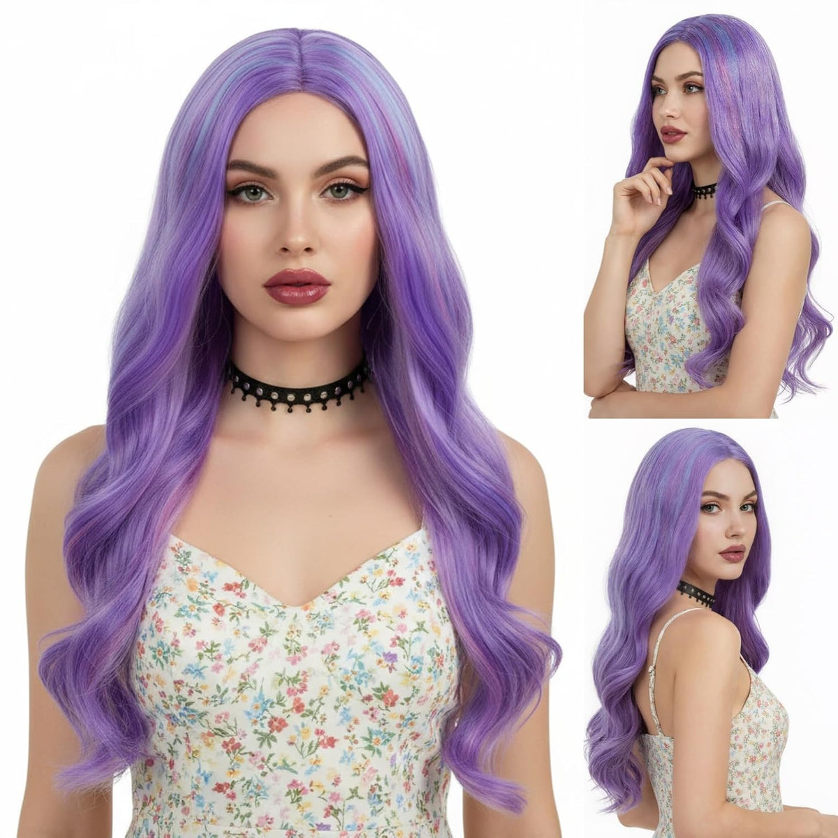 Long Pastel Wigs for Women Heat Resistant Hair Natural Wigs for Daily Cosplay Costume Party Carnival Purple-pink Gradient with Blue Highlights