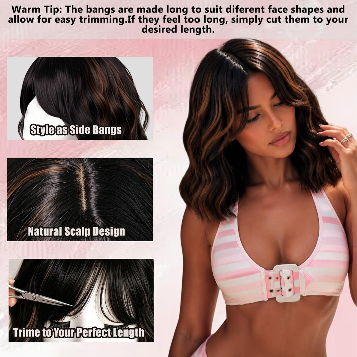 Short Wavy Wig with Bangs Black Mixed Brown Bob Curly Wigs for Women 14inch