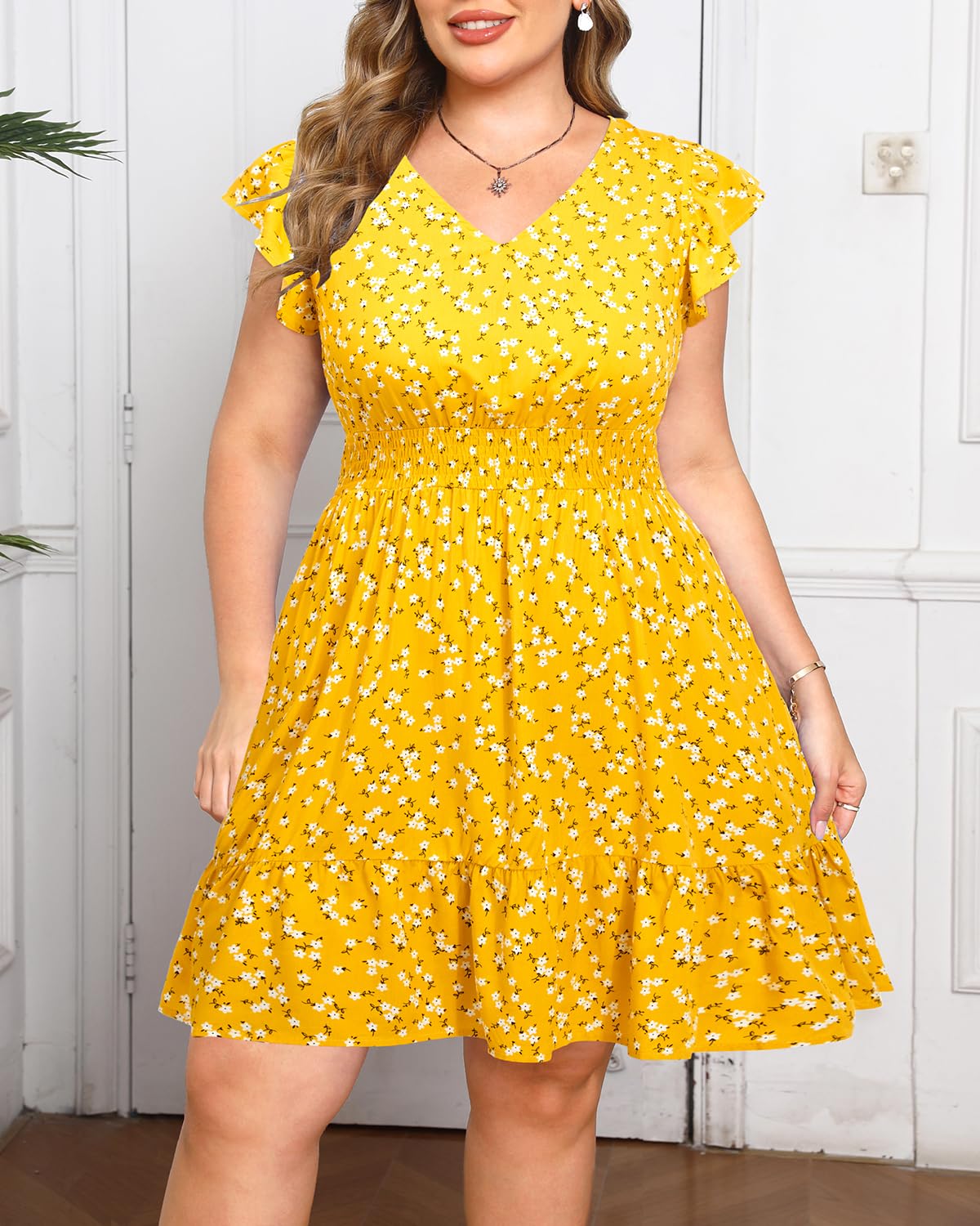 Talisea Womens Plus Size V Neck Ruffle Sleeve Flowy Summer Dress