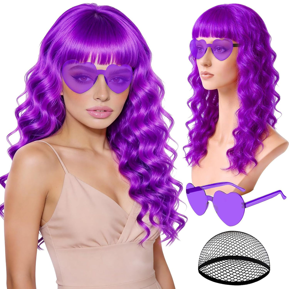 Purple Wig for Women Long Wavy Hair with Heart Sunglasses, Colorful Curly Wigs with Bangs for Birthday Nightclubs Music Festival Photography Funny Bachelorette Mardi Gras Party Supplies