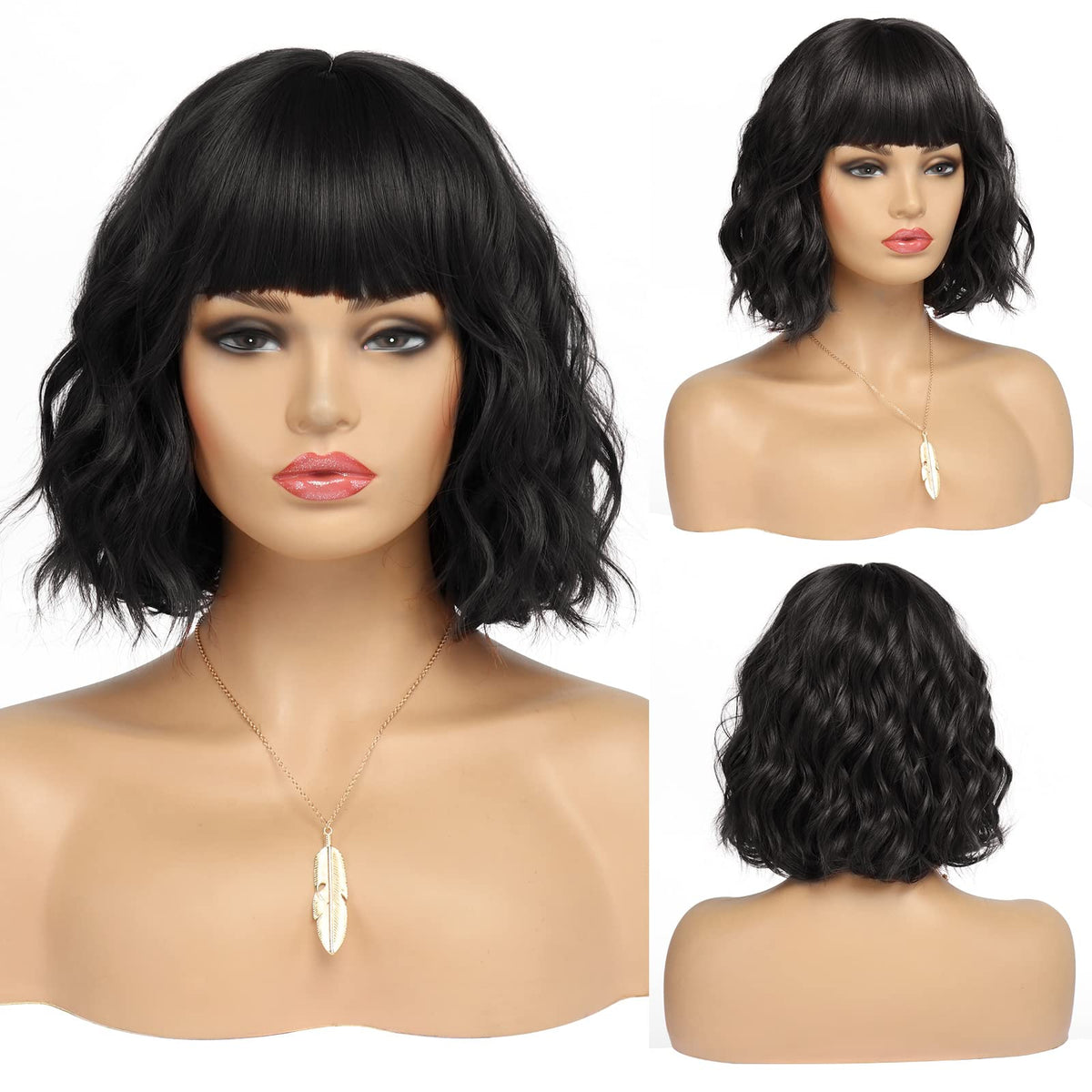 White Silver Wigs for Women Ombre Grey Wavy Bob Short Wigs with Bangs Medium Length Synthetic Hair Water Wave Dark Roots Wig Gray Colorful Wigs（14 Inches）