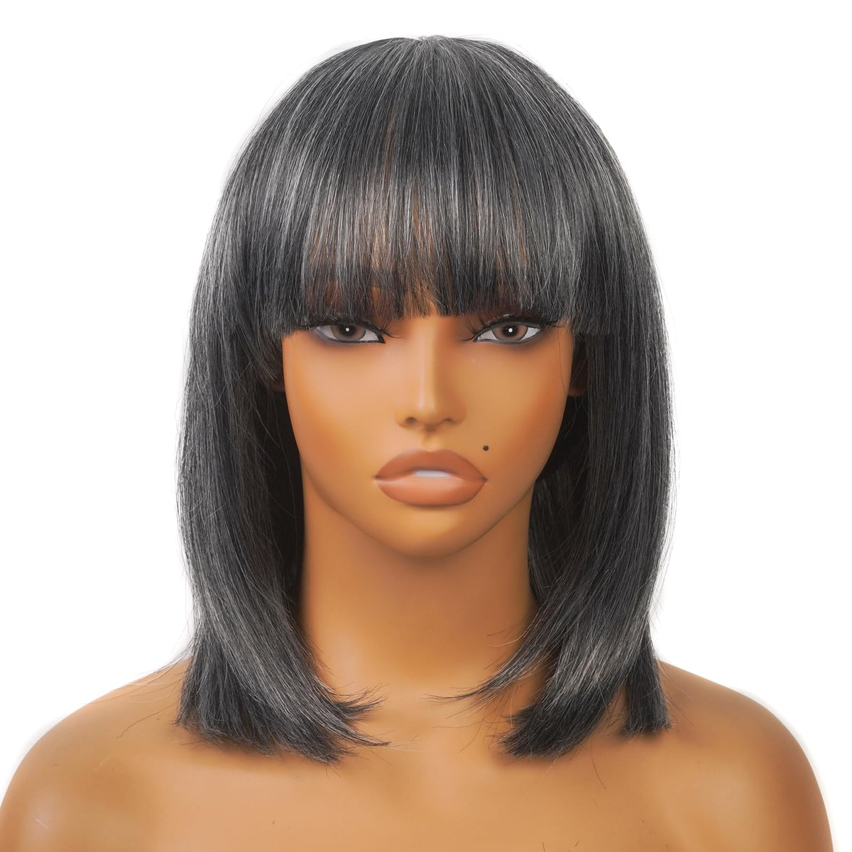 ToyoTress Bob Wig With Bangs - 12 Inch Peek-a-boo Color Short Bob Wig For Black Women Black Mix Brown Daily Costume Wigs, Light Yaki Straight Synthetic Hair Wigs Heat Resistant (12 Inch, SH30-612H)