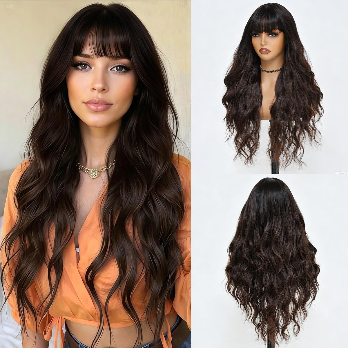 Burgundy Wig with Bangs for Women, Long Wavy Red Wig 26 Inch Wigs Heat Resistant Sythetic Wig for Daily Party Use