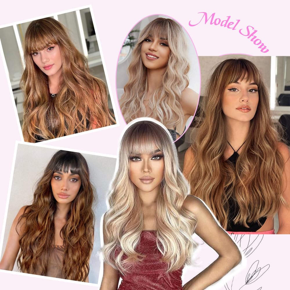 Black Wig with Bangs Long curly wavy Wigs for Women26In Synthetic Black Wig