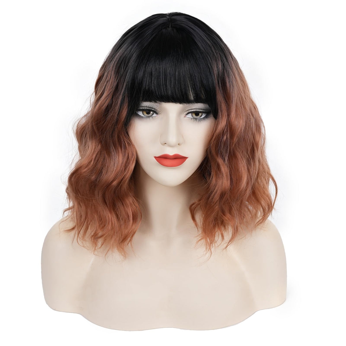Short Black-grey Wavy Wig with Bangs for Women Halloween Curly Bob Wigs