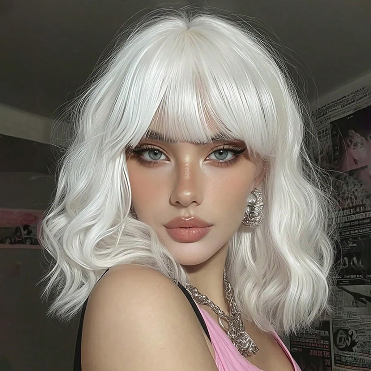 NOSTALGIA Wigs for Women, Short Wavy Bob Wig with Bangs, Trimmable Bangs, Shoulder Length, Black To Brown Heat Resistant Synthetic Wig for Daily Party Use, 14 Inch