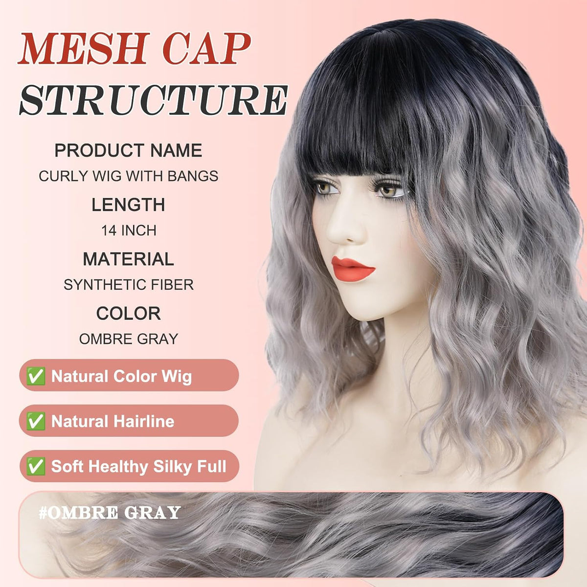 Short Black-grey Wavy Wig with Bangs for Women Halloween Curly Bob Wigs