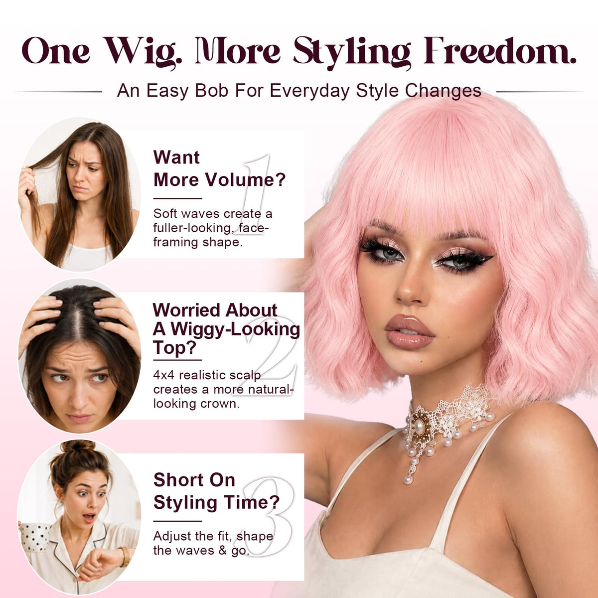 NOSTALGIA Wigs for Women, Short Wavy Bob Wig with Bangs, Trimmable Bangs, Shoulder Length, Black To Brown Heat Resistant Synthetic Wig for Daily Party Use, 14 Inch