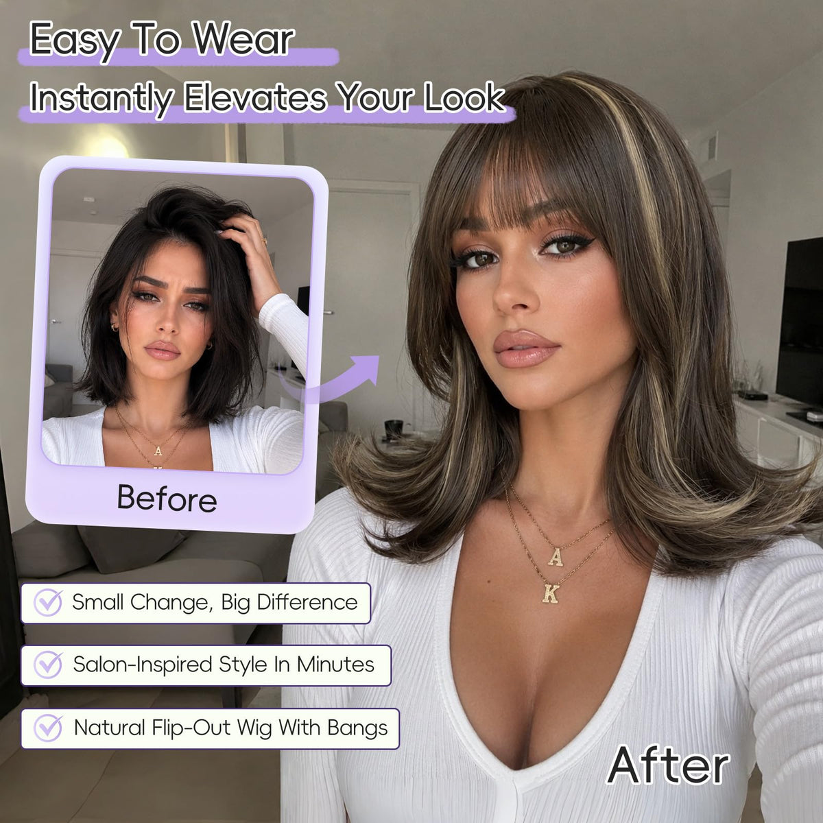 Brown Highlight T Part Lace Front Wig 14 Inch Wavy Bob Glueless Wig