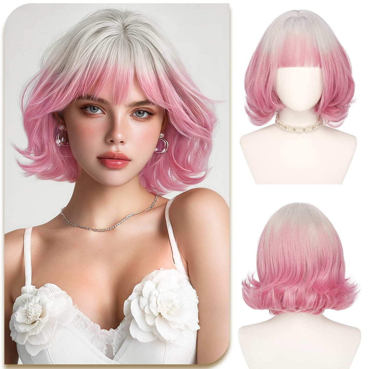 SOFEIYAN Short Wavy Violet Blue Wig - 12 Inch Dark Ginger Bob Wig with Bangs for Women Curly Shoulder Length Bob Wig with Bangs Soft Synthetic Hair Wigs for Girls Daily Party Use