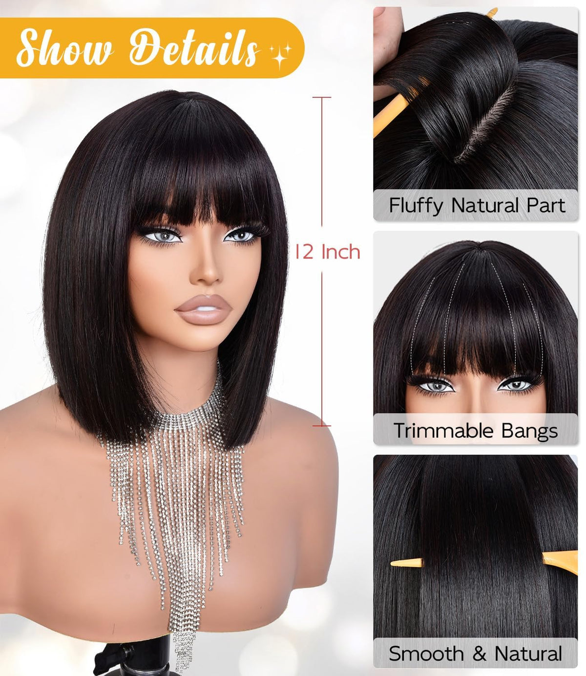 Bob Wig with Bangs for Women Short Straight Bob Wigs for Women 12inch