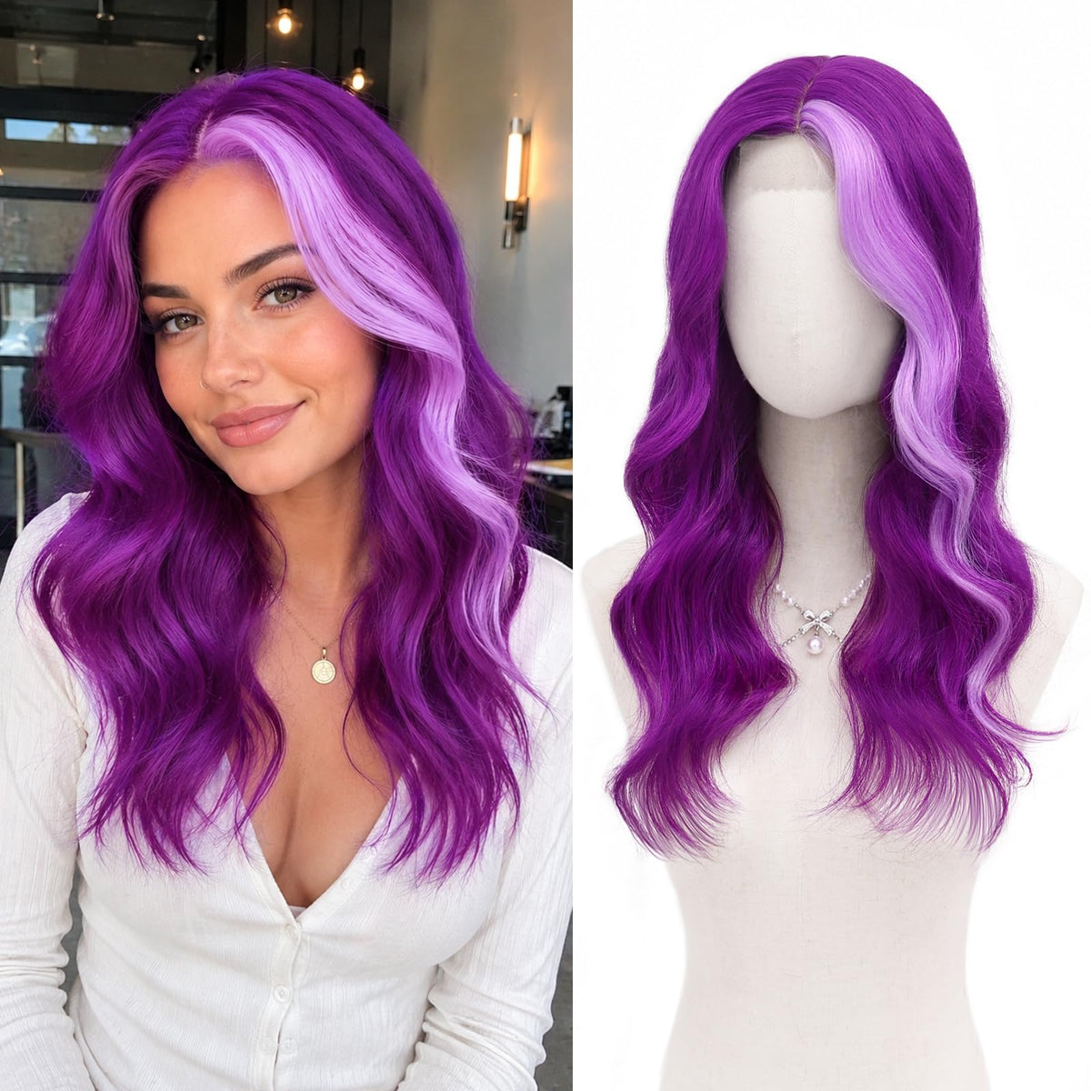 MORICA Ombre Dark Green Wigs for Women, 18 Inch Wavy Middle Part Wig