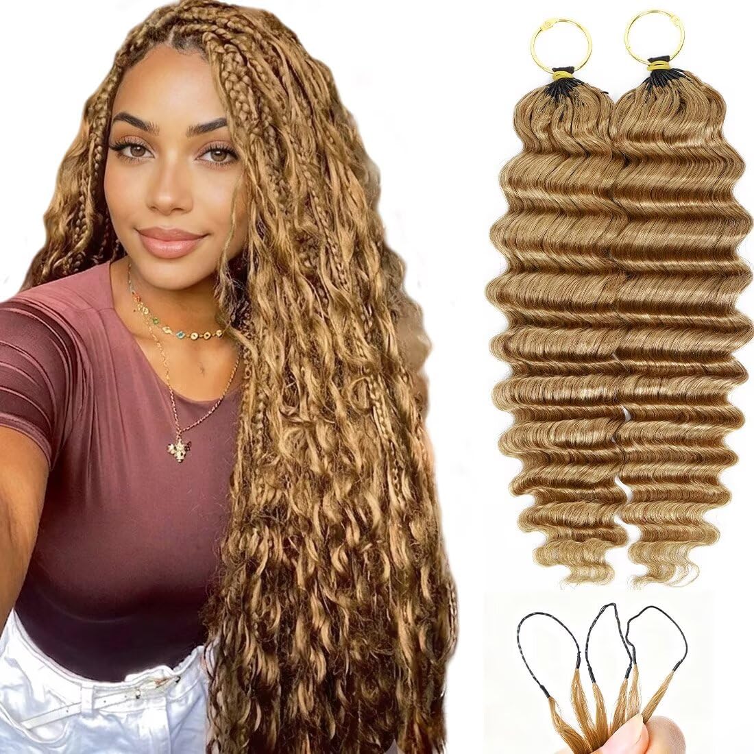16 Inch Deep Wave Knotless Feather Crochet Human Hair #27 110g