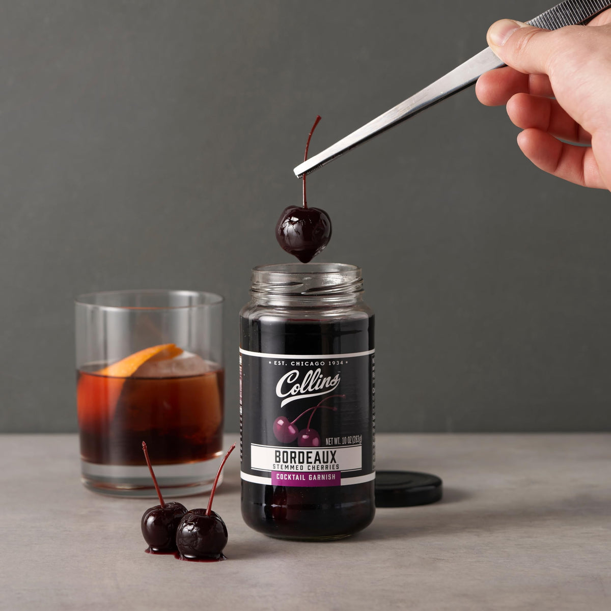 Collins Bourbon Cocktail Cherries - Drinks Garnish for Manhattan or Old Fashioned Cocktails and Desserts, Made with Award Winning Whiskey, 11 Ounce Glass Jar