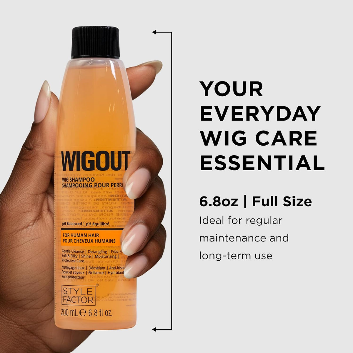 Style Factor WIGOUT Wig Shampoo for Human Hair - pH Balanced Moisturizing & Gentle Cleanse, Protective Care, Detangling, Frizz Free, Soft and Silky Shine Contains Vegan Keratin, 6.8 Fl Oz