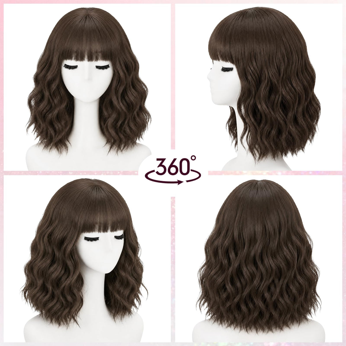 NOSTALGIA Wigs for Women, Short Wavy Bob Wig with Bangs, Trimmable Bangs, Shoulder Length, Black To Brown Heat Resistant Synthetic Wig for Daily Party Use, 14 Inch