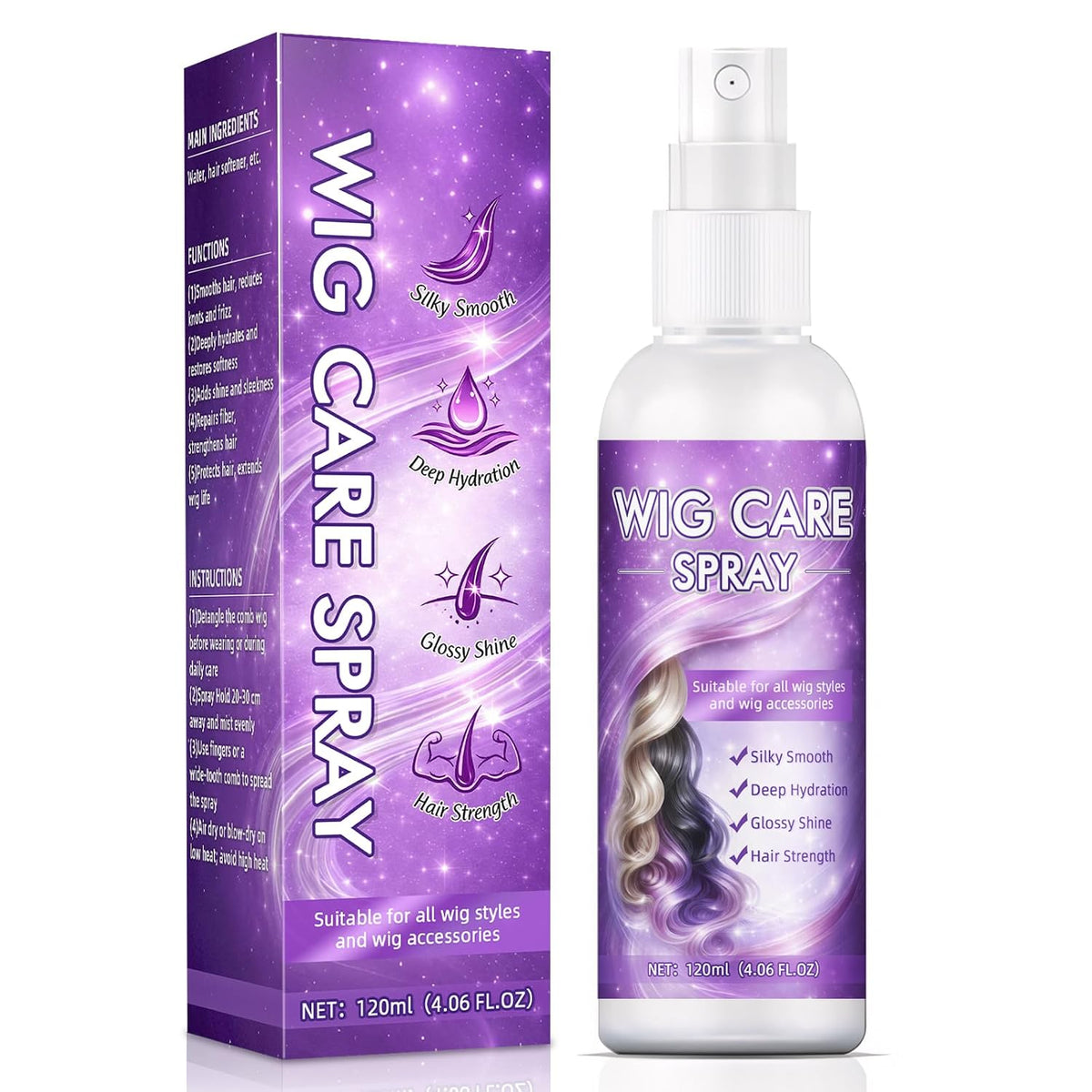 Wig Spray, Synthetic Wig Spray, Detangling, Frizz Control, Hydrating Conditioning, Shine Wig Care Spray, for Synthetic and Human Hair Wigs, Wig Accessories, 120ml