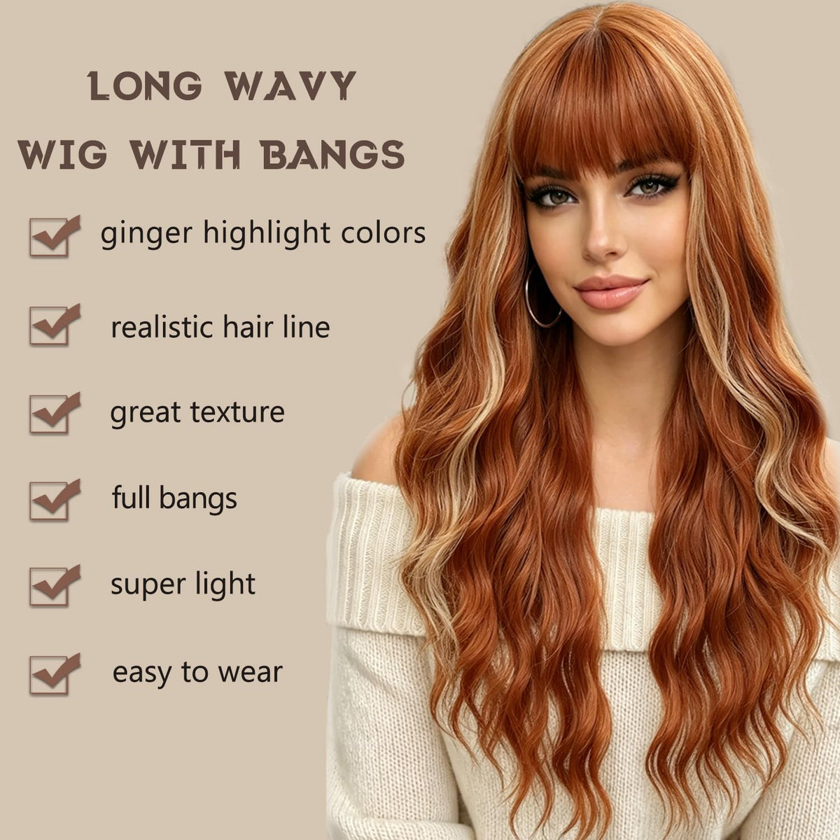 Burgundy Wig with Bangs for Women, Long Wavy Red Wig 26 Inch Wigs Heat Resistant Sythetic Wig for Daily Party Use