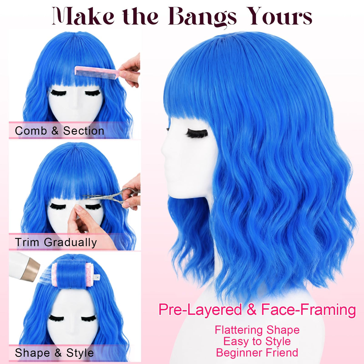 NOSTALGIA Wigs for Women, Short Wavy Bob Wig with Bangs, Trimmable Bangs, Shoulder Length, Black To Brown Heat Resistant Synthetic Wig for Daily Party Use, 14 Inch