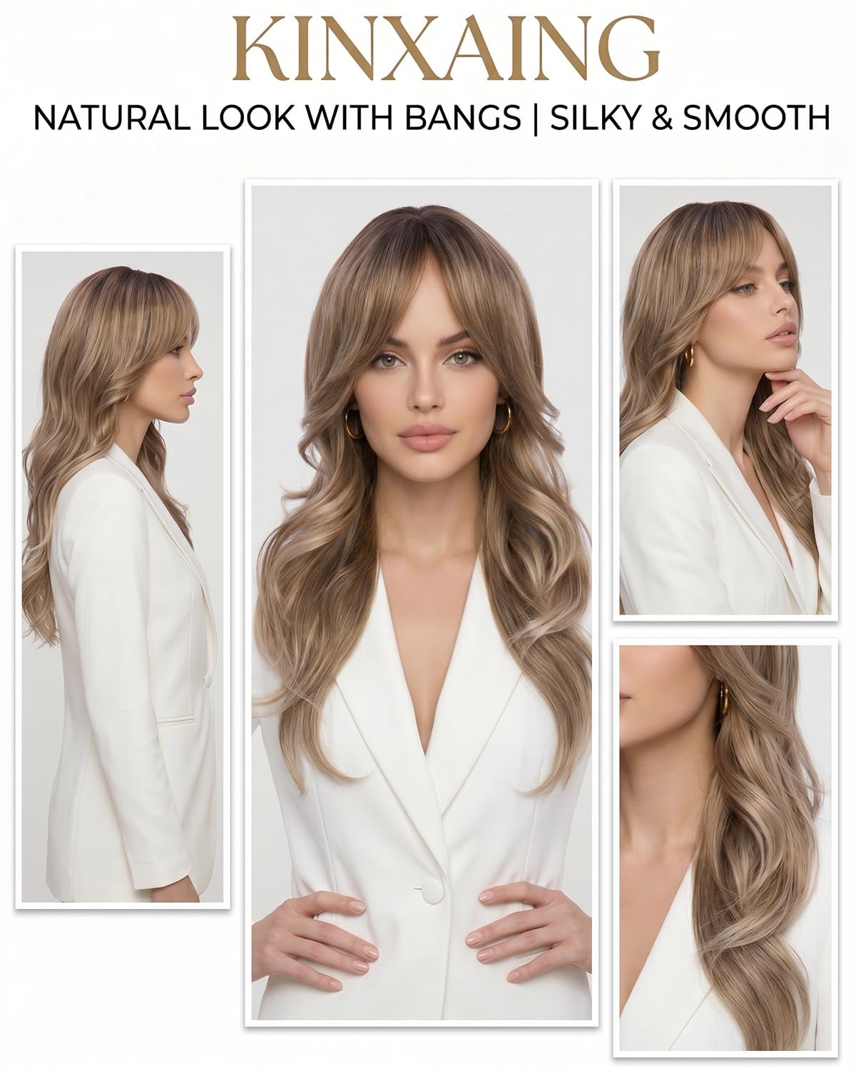 Ombre Pink Wavy Wig with Curtain Bangs 26 Inch – Long Layered Synthetic Hair Wig for Women, Natural Looking Dark Root Heat Resistant Wig, Soft Thick Full Wig for Daily Wear Party Cosplay