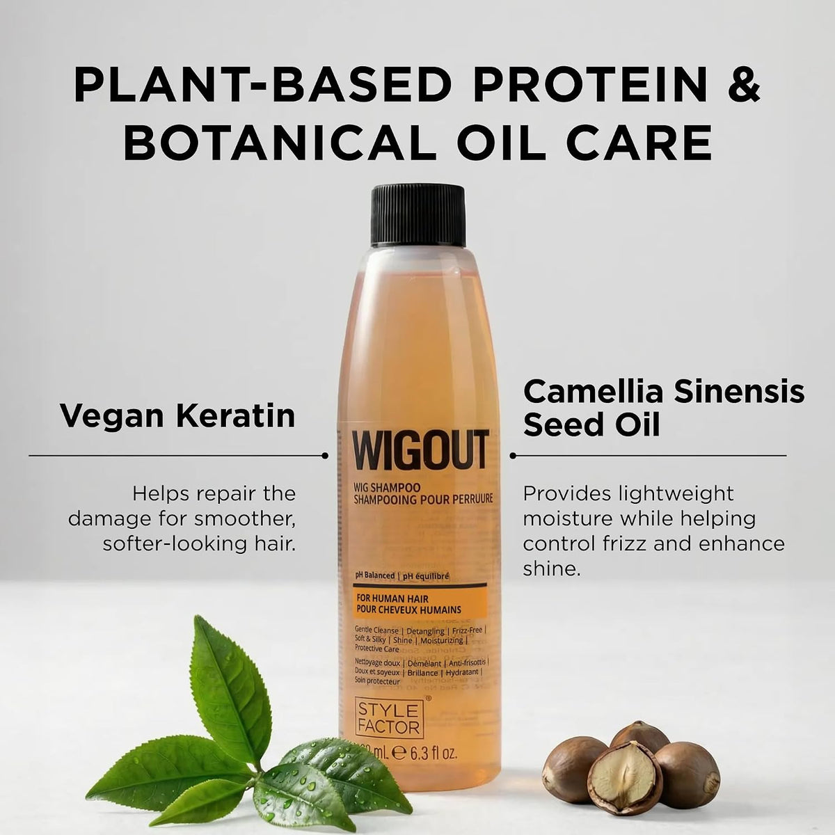 Style Factor WIGOUT Wig Shampoo for Human Hair - pH Balanced Moisturizing & Gentle Cleanse, Protective Care, Detangling, Frizz Free, Soft and Silky Shine Contains Vegan Keratin, 6.8 Fl Oz