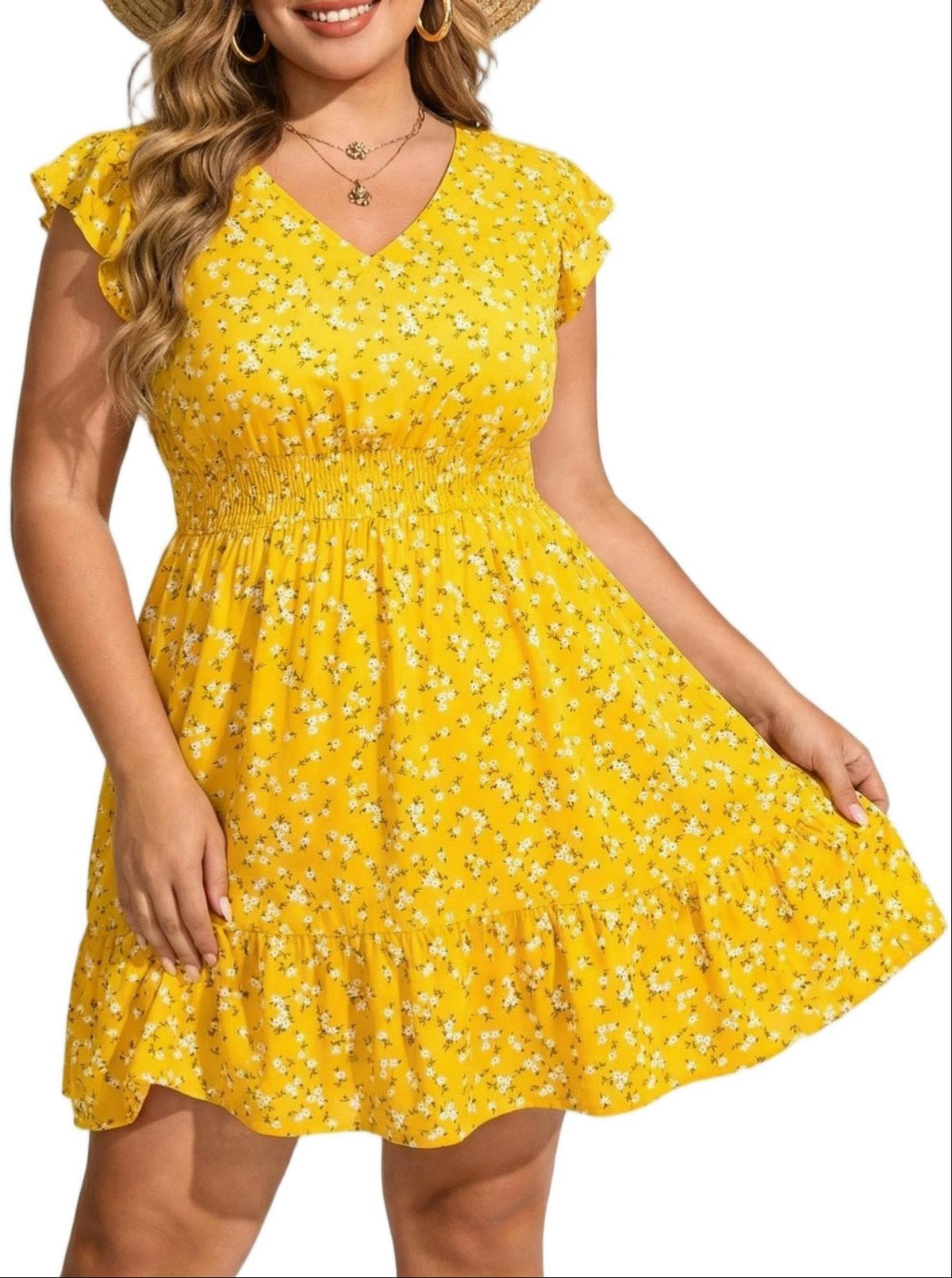 Talisea Womens Plus Size V Neck Ruffle Sleeve Flowy Summer Dress