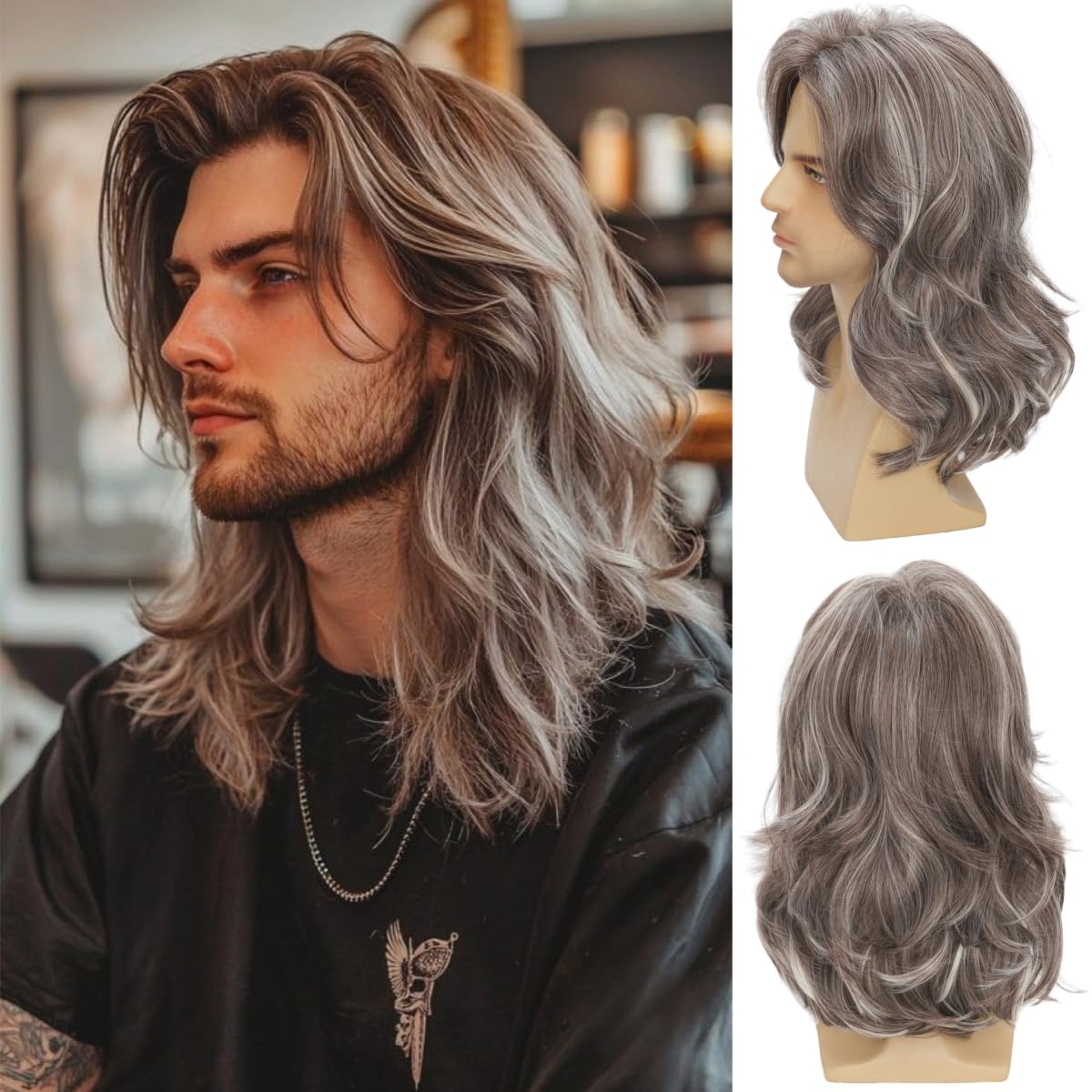Mens Black Wig Long Curly Natural Hair Wig Layered Wavy for Daily Party Costume Cospaly Halloween