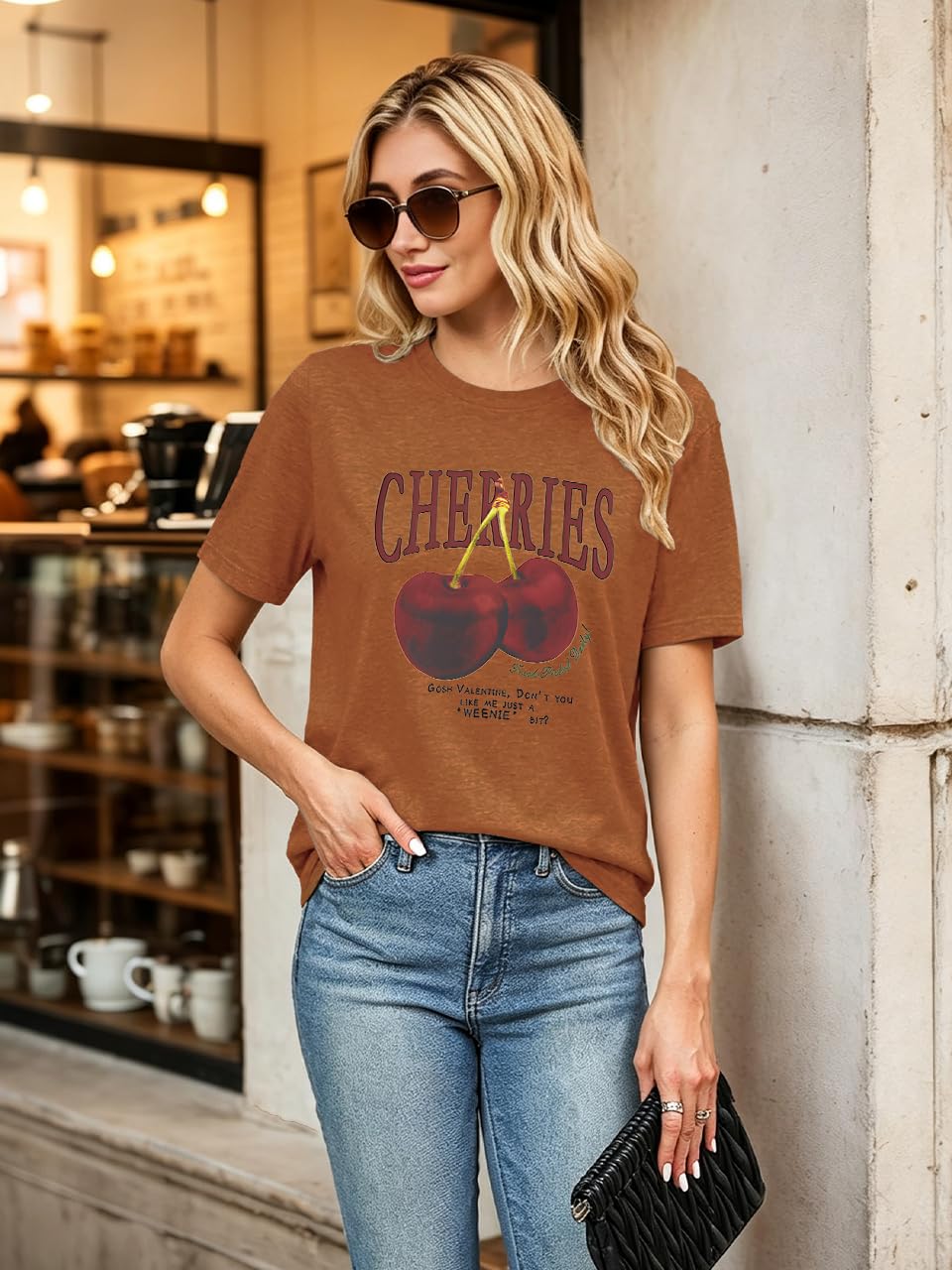 Cherry Graphic Tees Sweet Vibe Streetwear Shirt Short Sleeve Tops for Women