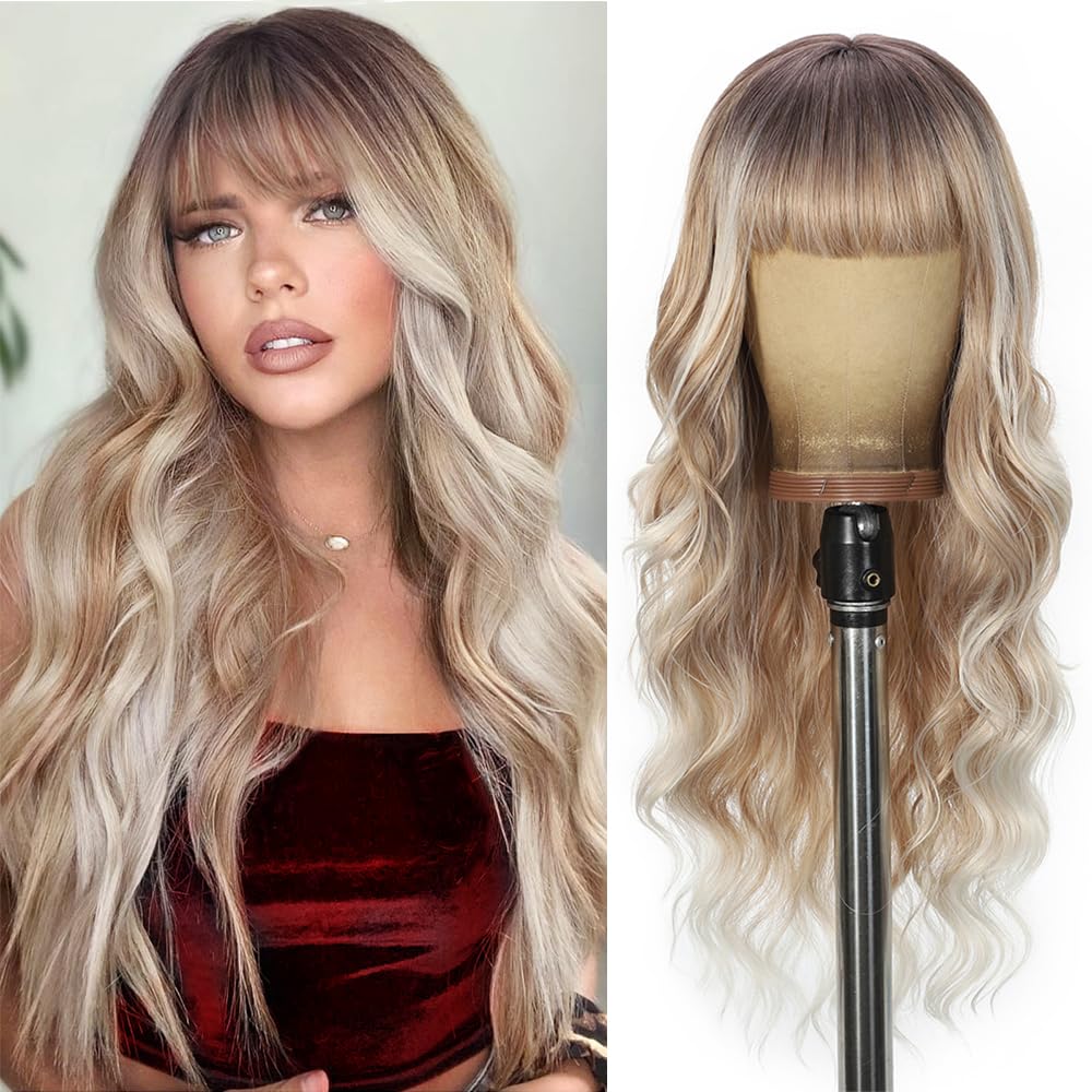 Black Wig with Bangs Long curly wavy Wigs for Women26In Synthetic Black Wig