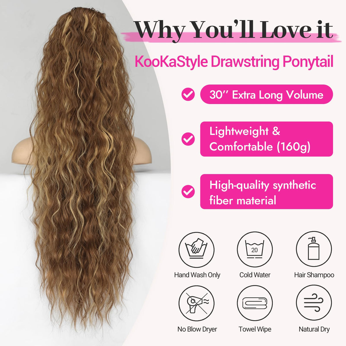 KooKaStyle Long Medium Brown Curly Synthetic Drawstring Ponytail Extension