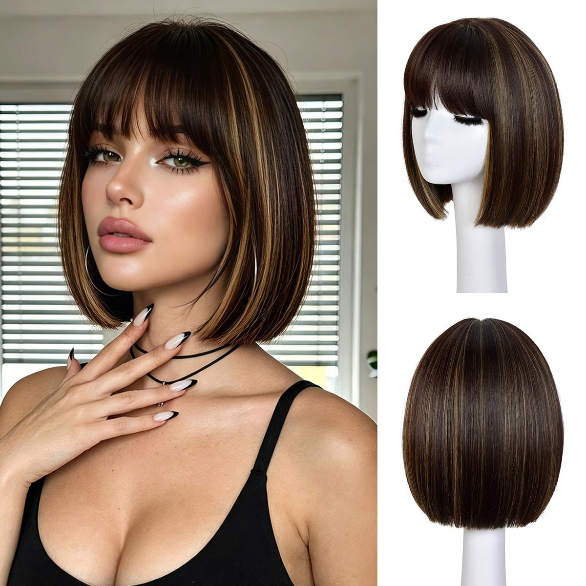 Hightlight Brown Bob Wig With Bangs Short Bob Wigs for Women Girl